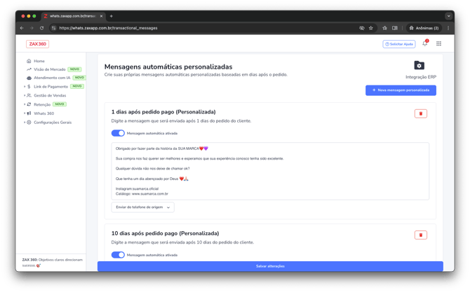 mensagens automaticas erp